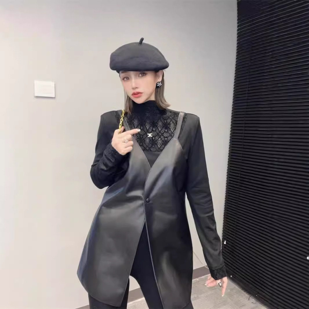 欧货2024年秋冬真皮连衣裙女吊带A字皮裙绵羊皮背心裙中长款ins