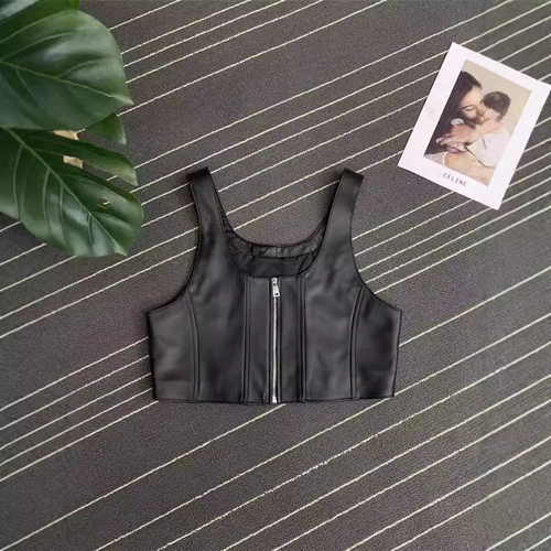 真皮绵羊皮马甲短款U领吊带背心上衣皮马夹新款拉链百搭显瘦休闲