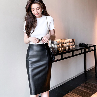 开叉高腰包臀半真皮绵羊皮皮裙女