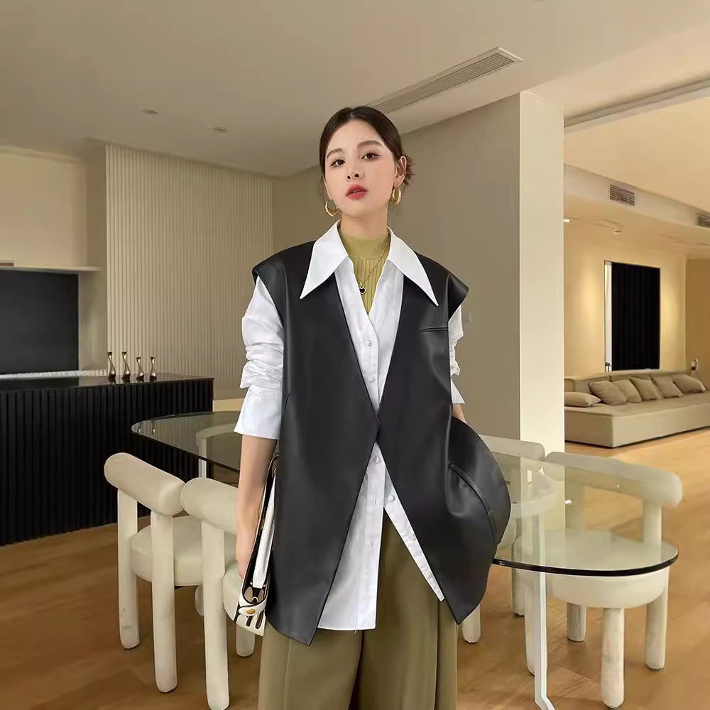绵羊皮中长款马甲2024春秋新款简约百搭真皮马夹女坎肩背心皮外套