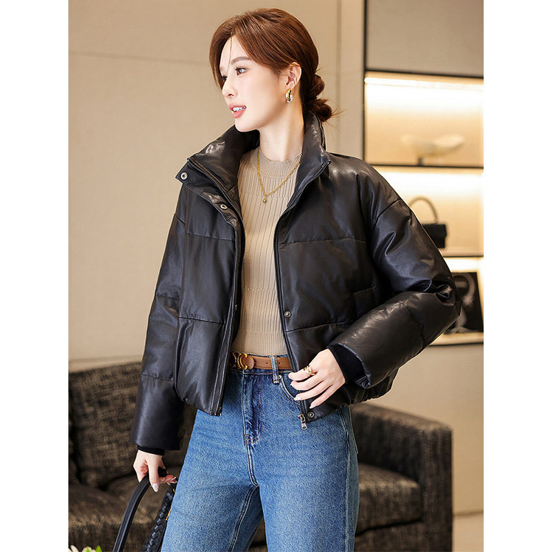 2024年秋冬真皮羽绒服女短款面包领海宁绵羊皮鹅绒服皮衣夹克外套