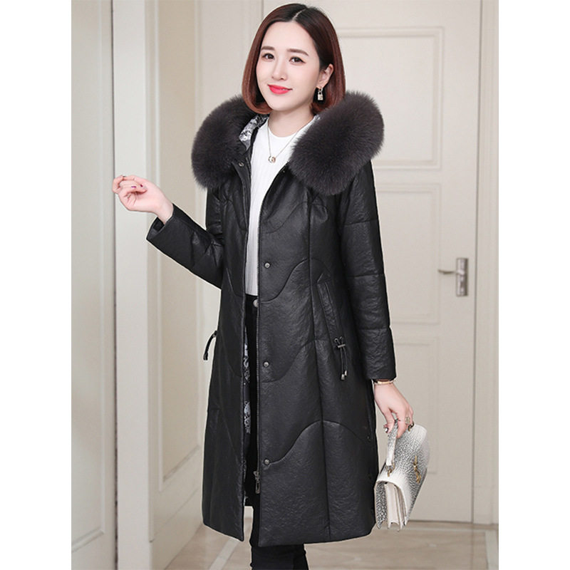 2024年秋冬款皮衣真皮羽绒服女中长款修身显瘦绵羊皮皮草外套连帽