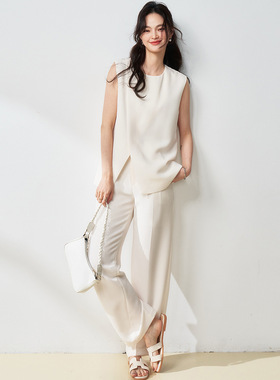 25春夏随意时髦范極简高开衩优雅上衣+高腰直筒裤套装18412+18413