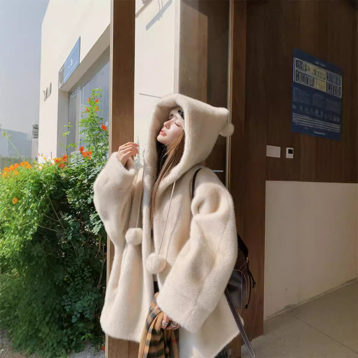 小女巫连帽加厚中长款仿水貂毛绒大衣皮毛一体毛茸茸环保外套