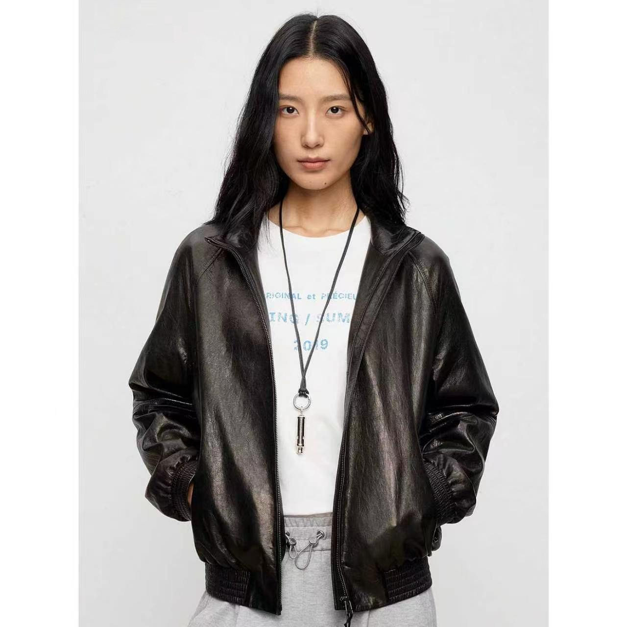 真皮皮衣女2026秋新款轻机能风连帽卫衣款绵羊皮拉链短款夹克外套
