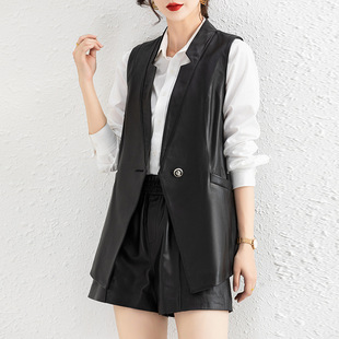 真皮马甲女士2024春秋新款绵羊皮西装领外套气质一粒扣中长款马夹