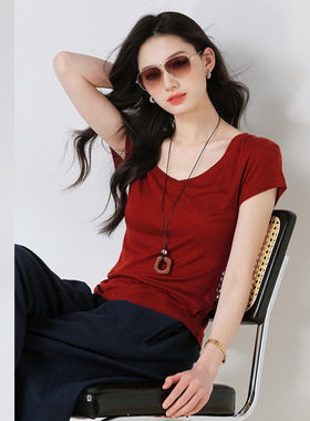 25夏新款t恤女短袖正肩设计感显瘦修身圆领短袖女t恤18751