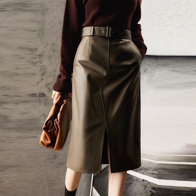 绵羊皮裙子a字半身裙女黑色真皮