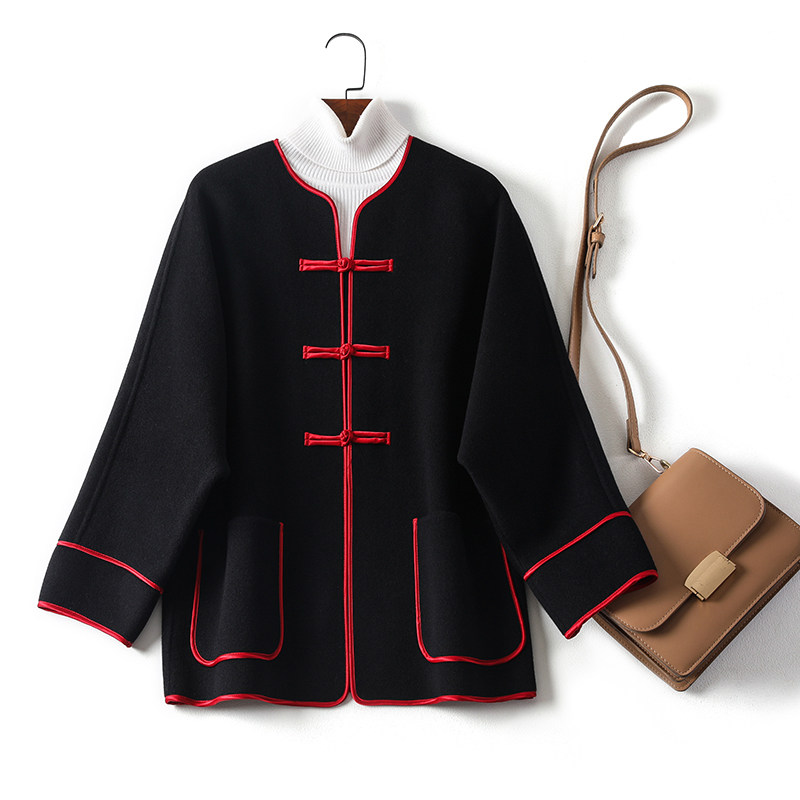 2021年新款羊毛双面呢子大衣中国风外套女盘扣短款小个子羊绒黑色