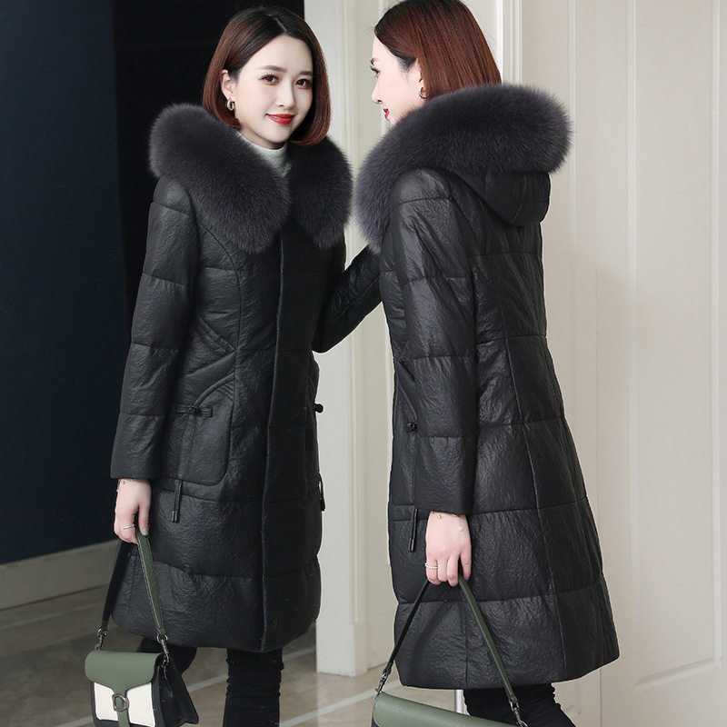 皮衣真皮羽绒服女中长款大码连帽狐狸毛领2024年秋冬绵羊皮外套