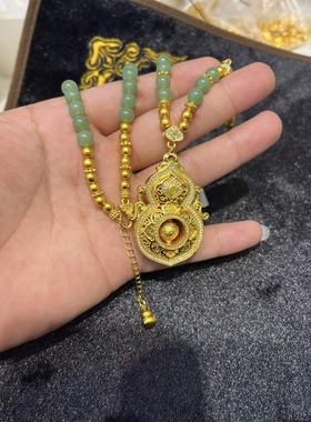 鉴刻葫芦如意锁碧绿圆珠项链新年新款古典气质平安锁毛衣链