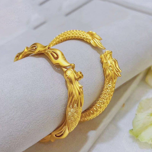新款沙金龙凤呈祥国潮古风男女黄金色龙凤手镯活口可调节婚庆礼品