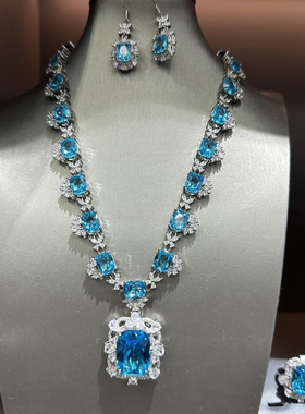 时尚轻奢晚礼服晚宴首饰饰品套装耳环项链圣玛利亚色海蓝宝三件套