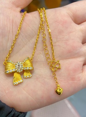 新中式微镶爆闪蝴蝶结金色项链高级感可调节轻奢百搭送女友锁骨链