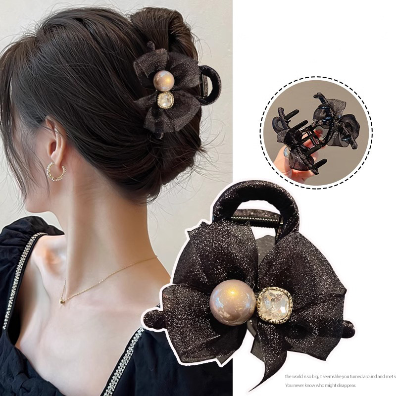蝴蝶结发夹女珍珠抓夹后脑勺头发夹子2024新款小号鲨鱼夹发卡头饰