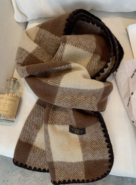 。英伦风格子围巾学院风加厚女生冬天男士韩系氛围感马海毛围脖女