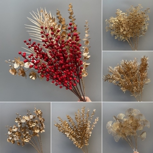 婚礼五支金色仿真花材新年福桶插花尤加利金叶子冬青红果客厅装饰