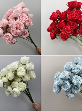 仿真花3头皇妃玫瑰花 红色玫瑰假花装饰花束婚庆花材花艺园林造景