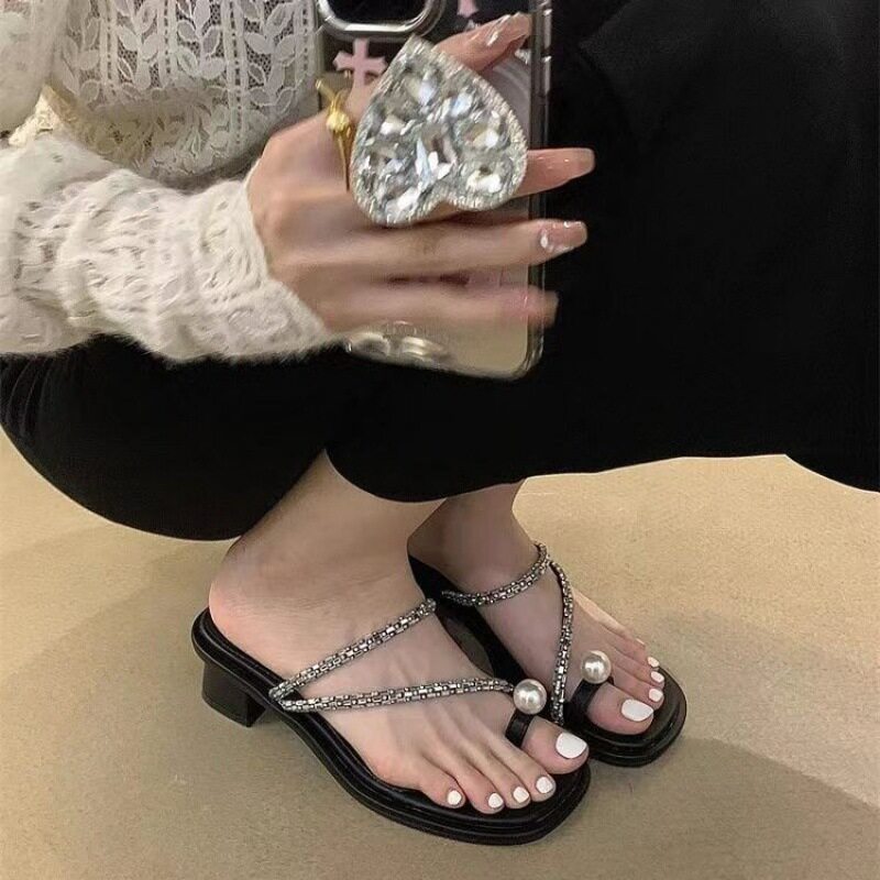 仙女风粗跟套趾珍珠凉拖鞋女外穿