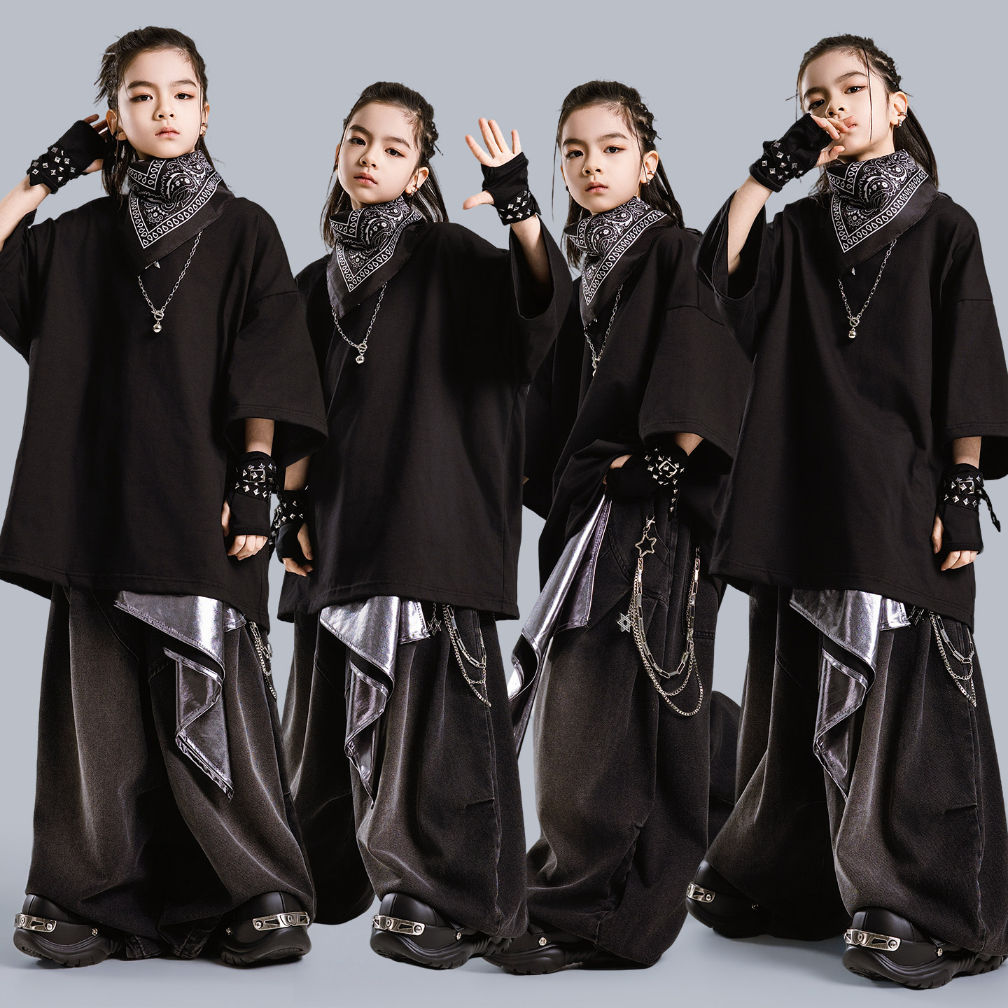 儿童街舞演出服黑色嘻哈hiphop套装男童酷帅幼儿炸街宽松短袖潮服