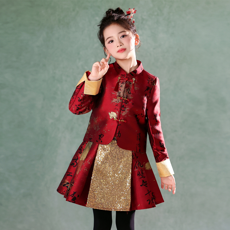 女童唐装拜年服旗袍裙秋季套装