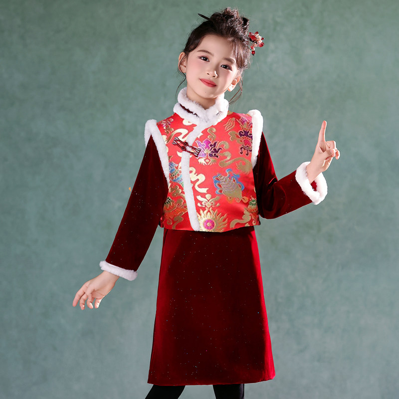 旗袍女童冬季加绒古装拜年服女孩秋冬装国风过年加厚唐装连衣裙子