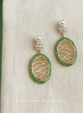 原创设计~国潮新中式纹样微镶锆石925银针珐琅滴釉绿色耳饰耳环女