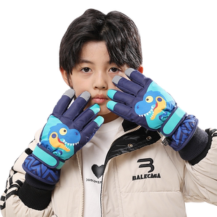 儿童保暖手套冬男孩滑雪五指加厚绒防水可爱恐龙学生男女童棉手套