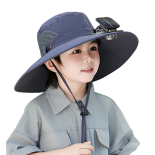 儿童夏季太阳能带风扇充电帽子男童女宝宝遮阳透气大檐防晒渔夫帽