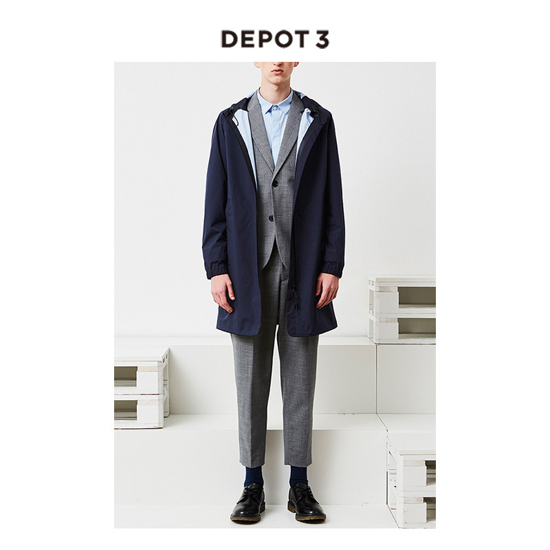 depot3 男装风衣 国内原创 科技感防泼水宽松深蓝色连帽户外风衣
