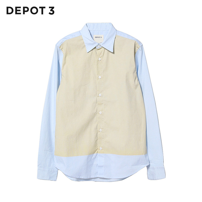 depot3男装衬衫 原创设计条纹拼接印花 解构设计长绒棉长袖衬衫