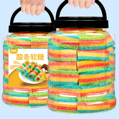 罐装500克酸条彩虹软糖酸甜果汁味长条橡皮糖酸棒网红小零食