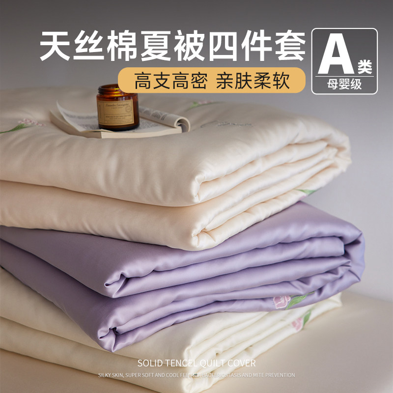 100支兰精天丝长绒棉夏凉被四件套夏季刺绣空调薄被可水机洗被子