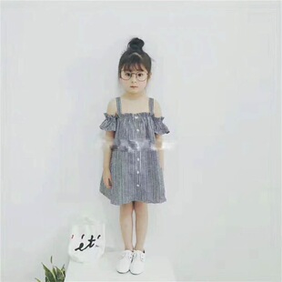 夏 新款 优质 清新 格子 露肩 女童 吊带连衣裙