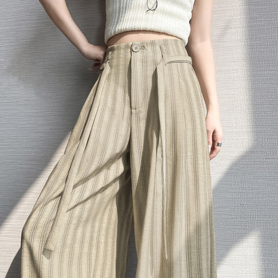 高个子垂感宽松条纹阔腿裤女2026夏季新款老钱风棉麻松弛直筒裤子