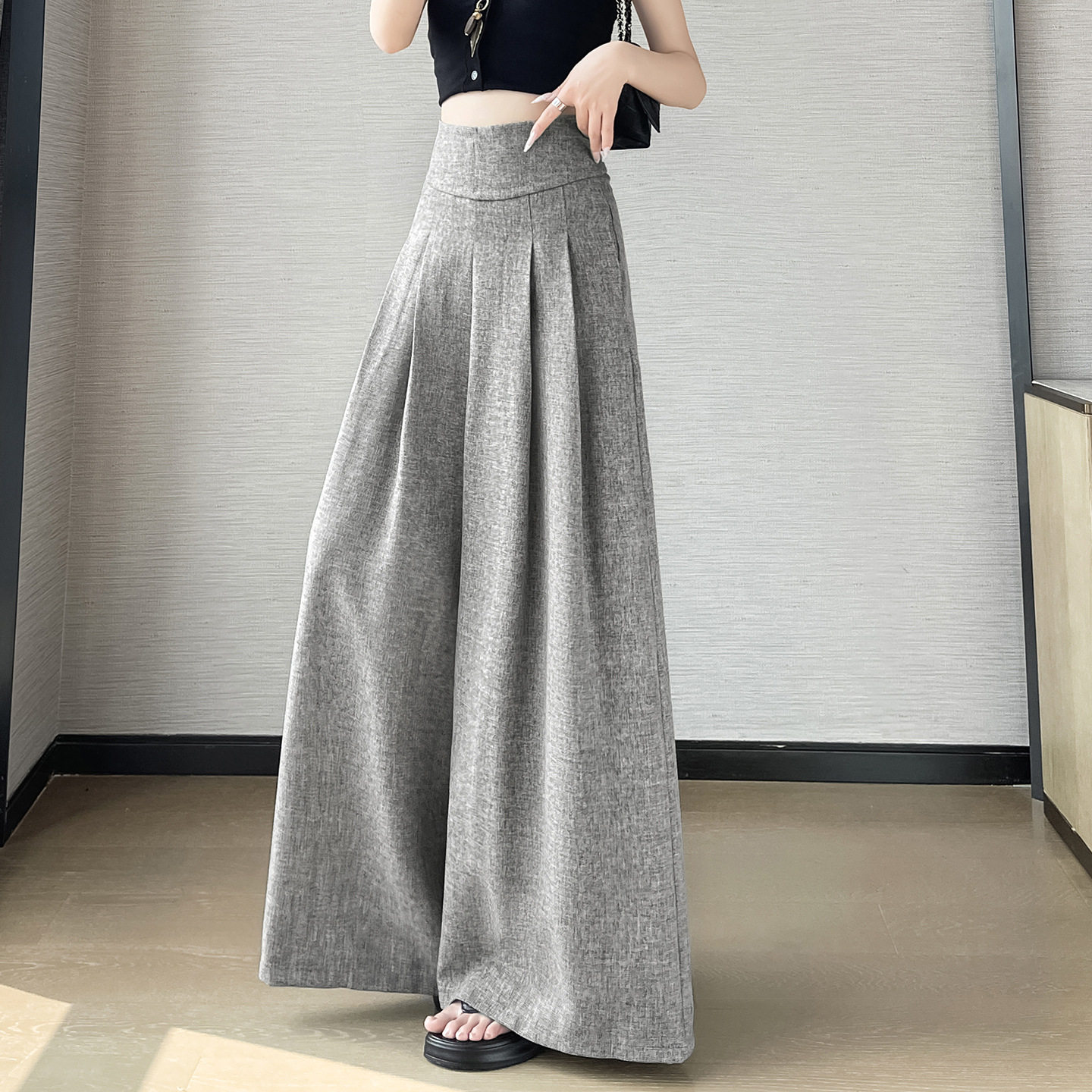 高腰收腹压褶西装裤棉麻阔腿裤女2026夏季感垂感显瘦A字拖地裤裙