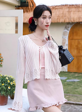 菲媛春夏新款镂空系带针织外套女 甜美小清新粉色短款轻薄上衣