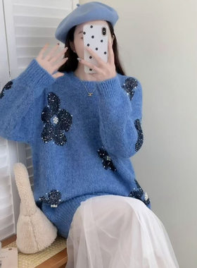简约百搭气质感重工定钻花朵圆领毛衣女秋冬 宽松显瘦慵懒风上衣