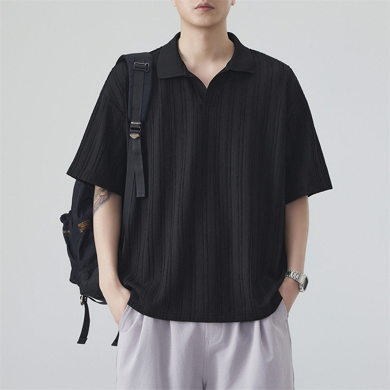 2026夏季新款POLO衫短袖男细条提花面料230G竖条立体简约宽松日系
