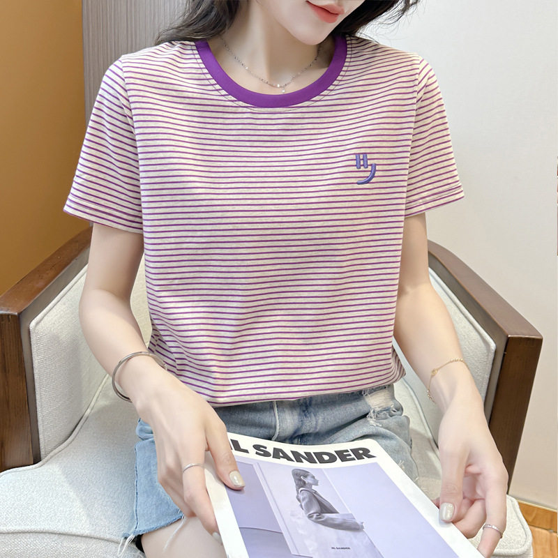 084撞色条纹t恤圆领宽松短袖女装
