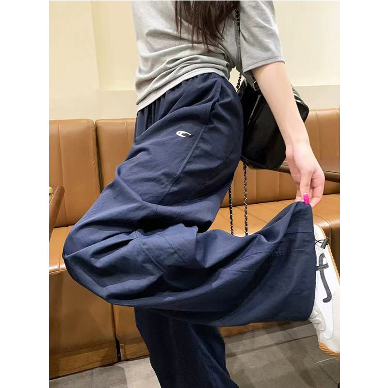 藏青色美式速干工装裤女春秋2026新款高腰阔腿直筒休闲运动裤