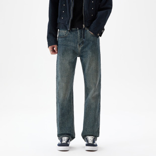 加绒加厚做旧水洗弹力宽松小直筒牛仔裤 冬季 子 保暖雪尼尔植绒