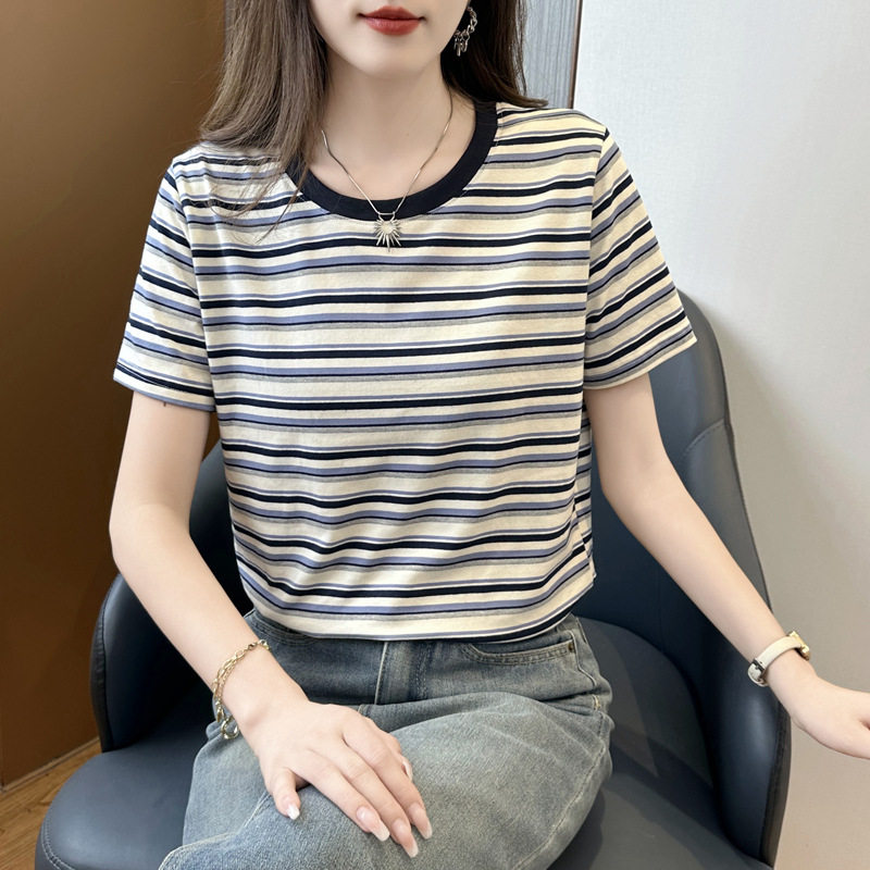 夏季撞色条纹修身短袖T恤女凉爽