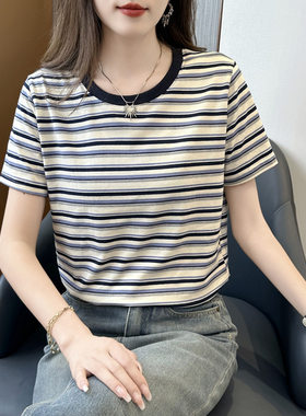 夏季撞色条纹修身短袖T恤女凉爽