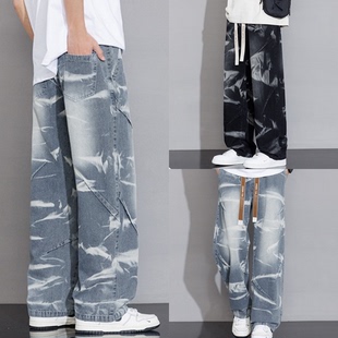 印花新潮弹力松紧腰绑绳特宽大码舒适休闲水桶裤牛仔裤男帅气品牌