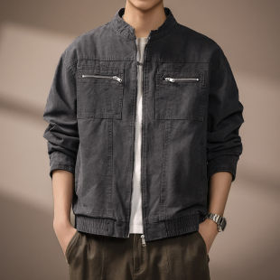 夹克春秋新款 工装 简约立领宽松百搭拉链外套 复古休闲男士 高端美式