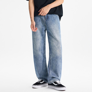 阔腿美式 浅蓝牛仔裤 男直筒宽松哈伦潮牌复古水洗加肥加大垂感长裤