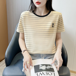 t恤女夏季 感小众宽松显瘦小个子正肩百搭上衣ins 条纹短袖 117