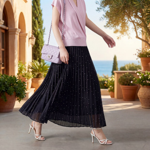 时尚 纯色大摆半身裙 春夏新款 菲媛设计感亮闪闪烫钻皱皱百褶裙女