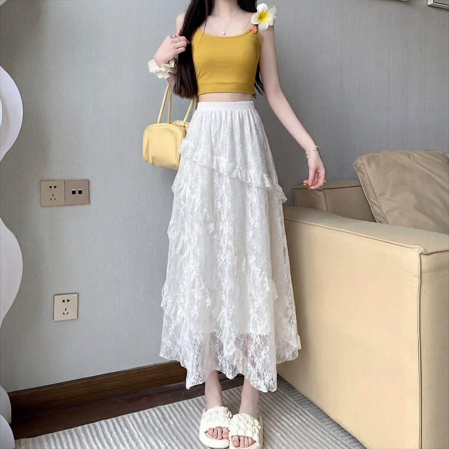 白色不规则半身裙女夏季2026新款a字小个子高腰蕾丝蓬蓬蛋糕长裙